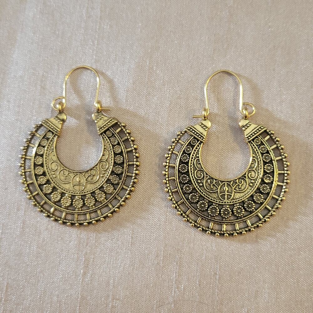 boho round mandala distressed gold tone earrings
